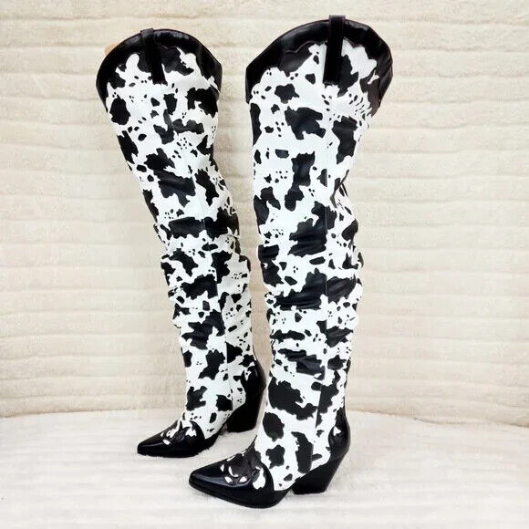 Western White & Black Cow Print OTK Thigh High Slouch Cowboy Boots - Totally Wicked Footwear