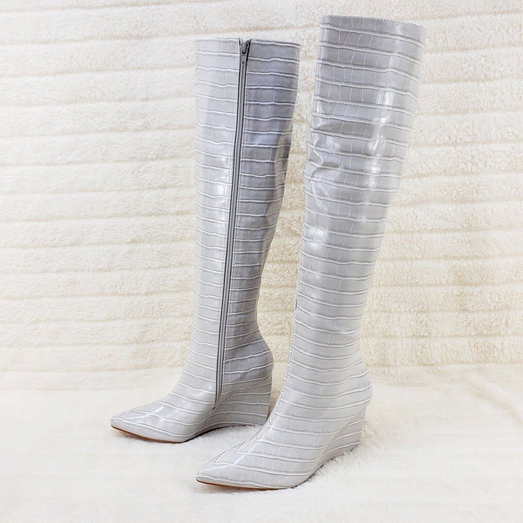 Ice White / Grey Reptile Texture Knee High Wedge Heel Boots Lexis - Totally Wicked Footwear