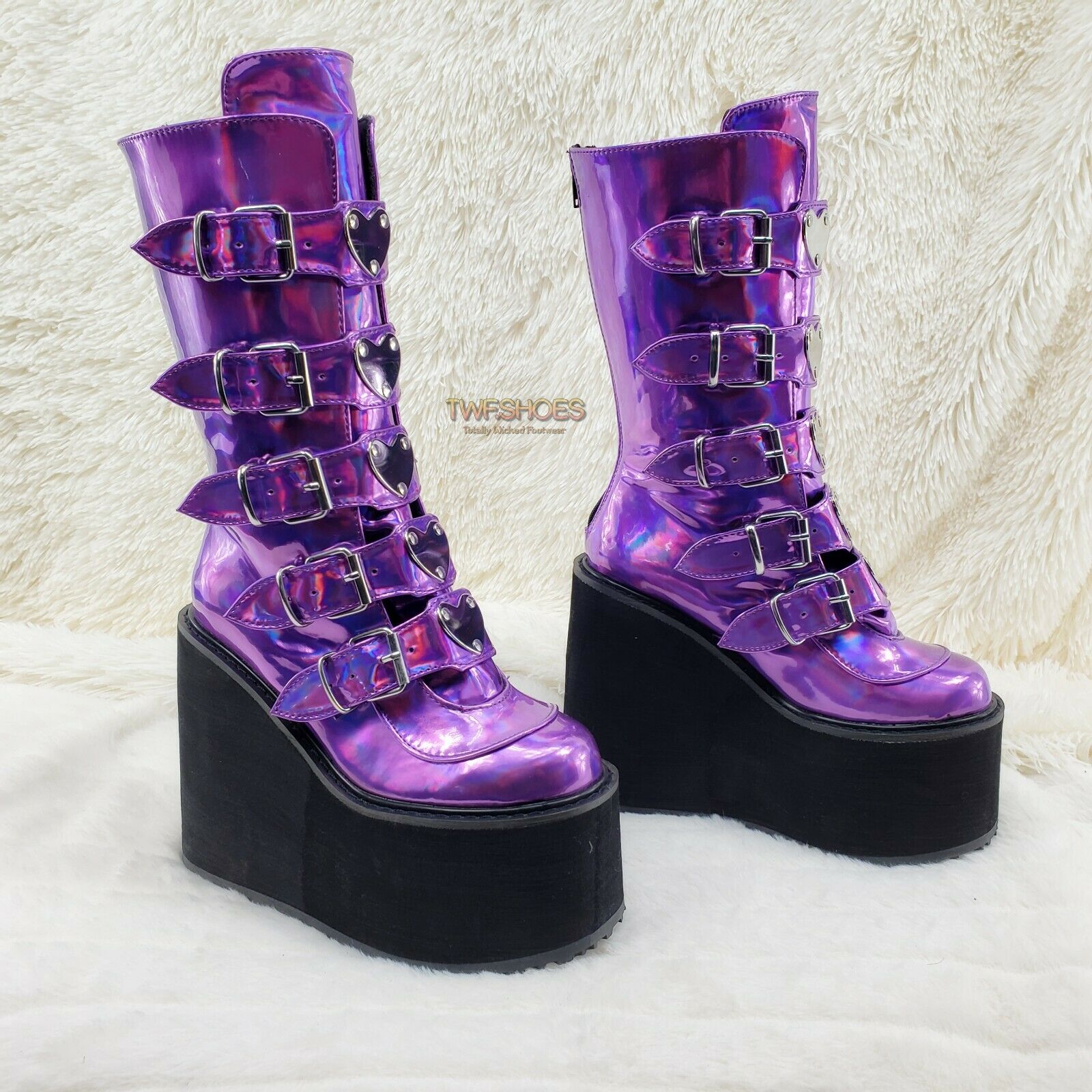 Swing 230 Purple Hologram Calf Boot 5.5" Platform Heart Strap Design US Sizes NY - Totally Wicked Footwear