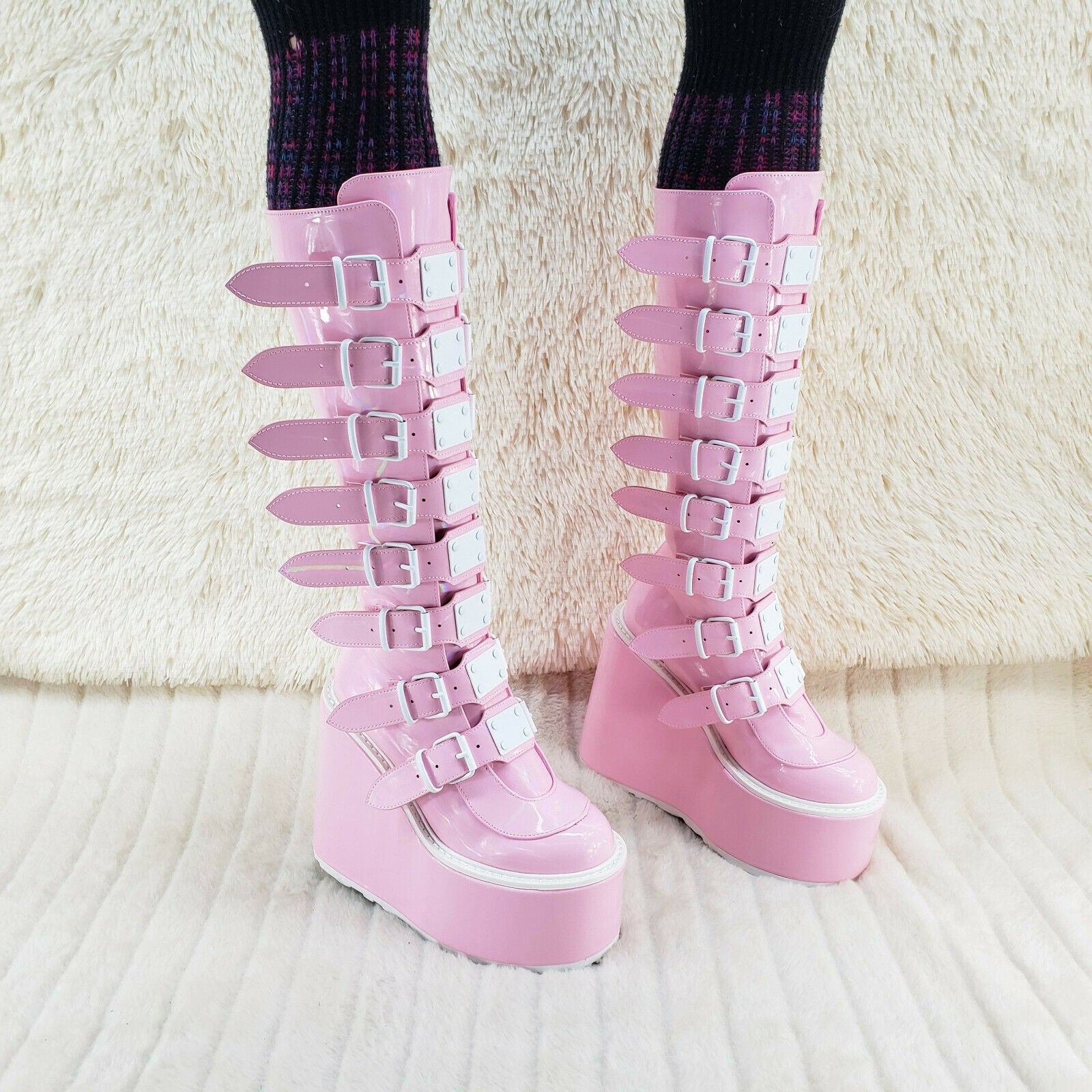 Trinity Swing 815 Pink Hologram Patent Goth Knee Boot 5.5" Platform In House NY - Totally Wicked Footwear