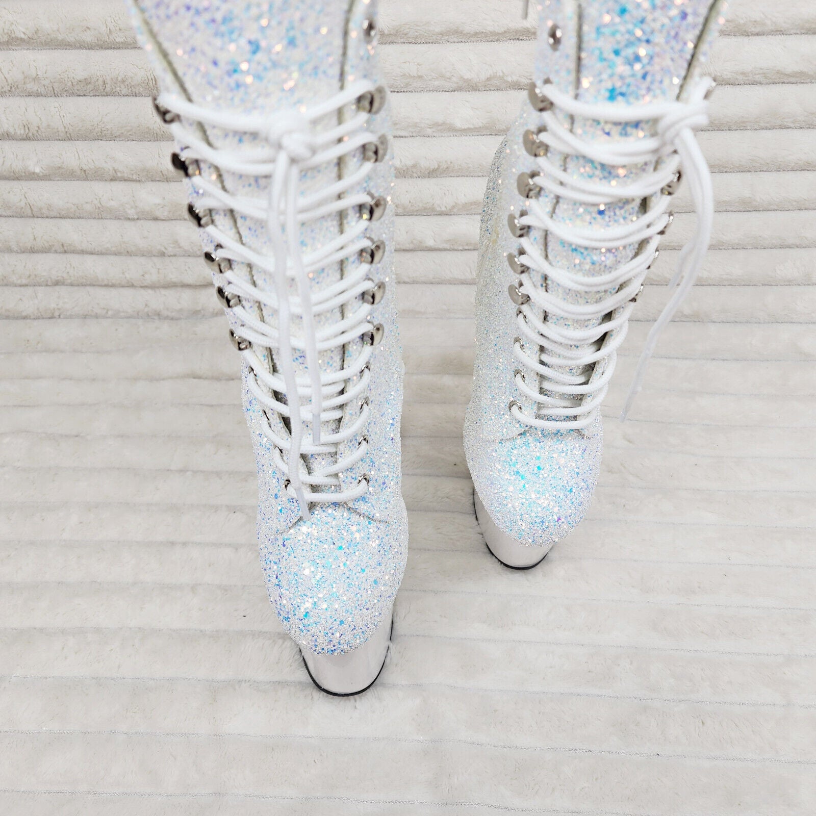 Flamingo White Ice UV Glitter 8" Heel Platform Ankle Boots US 6-12 NY - Totally Wicked Footwear
