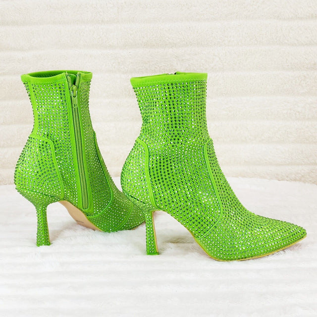 Stunning Fuchsia Bright Green Lime Stretch Rhinestone Ankle Boots 3.5" Heels New - Totally Wicked Footwear
