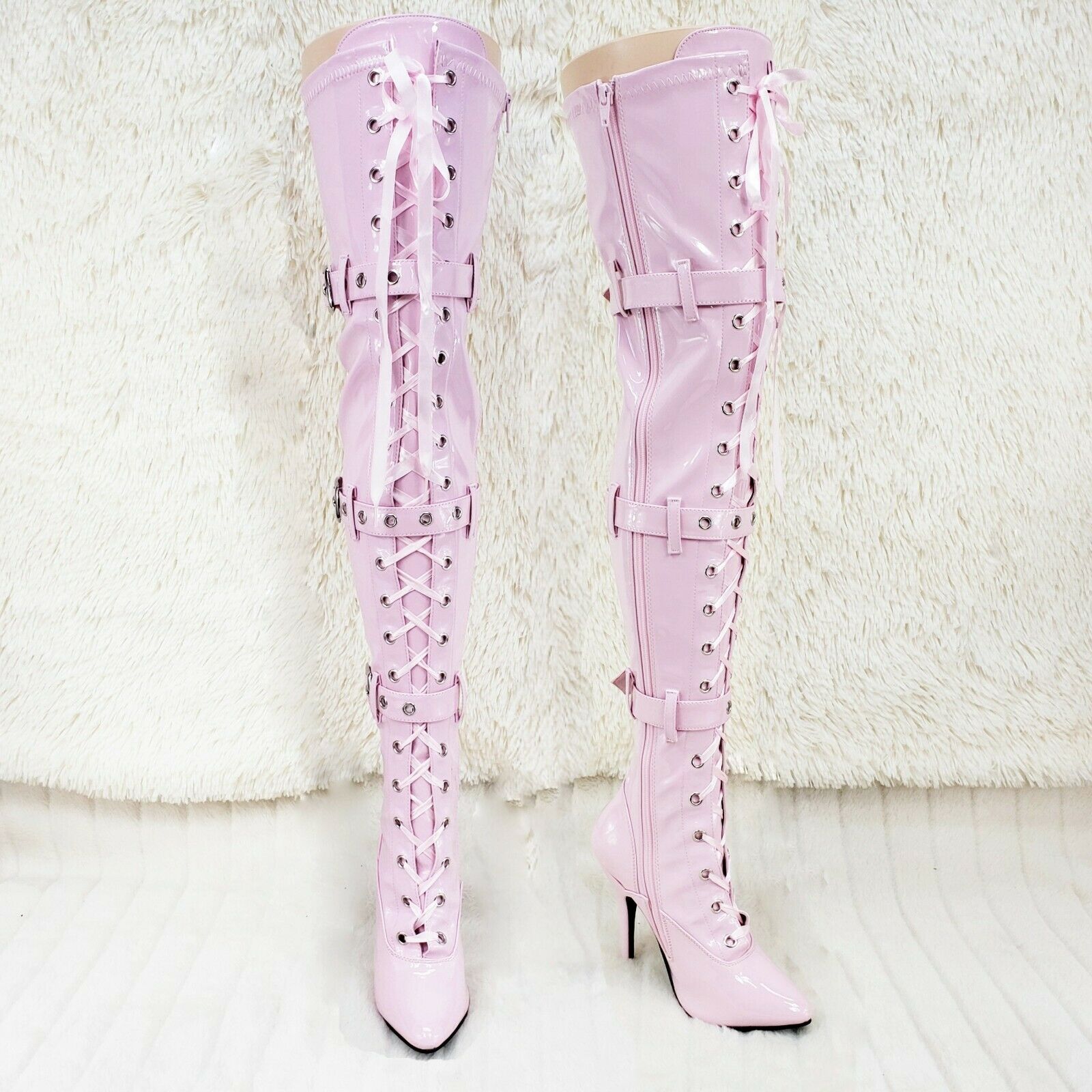 Seduce 3028 Baby Pink Lace Up Thigh High Boots 5" Stiletto Heel US Sizes NY - Totally Wicked Footwear