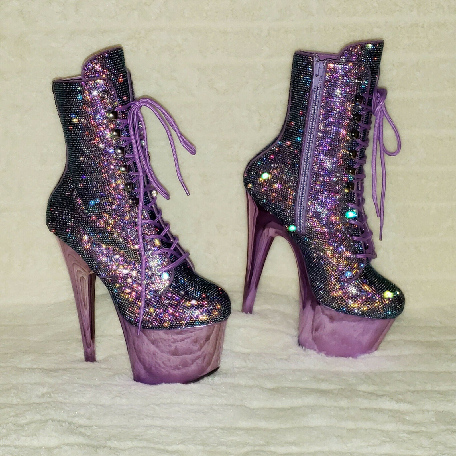 Adore 1020CHRS Lavender Purple Rhinestone 7" High Heel Platform Ankle Boots NY - Totally Wicked Footwear