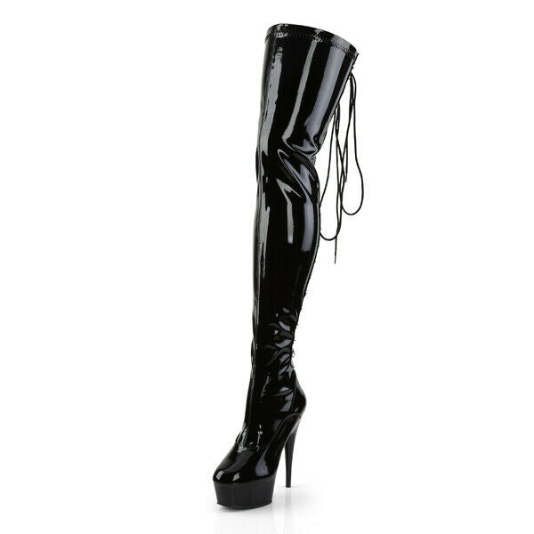 Delight 3063 Back Lace Thigh High Platform Boots 6" High Heels Black Patent NY - Totally Wicked Footwear
