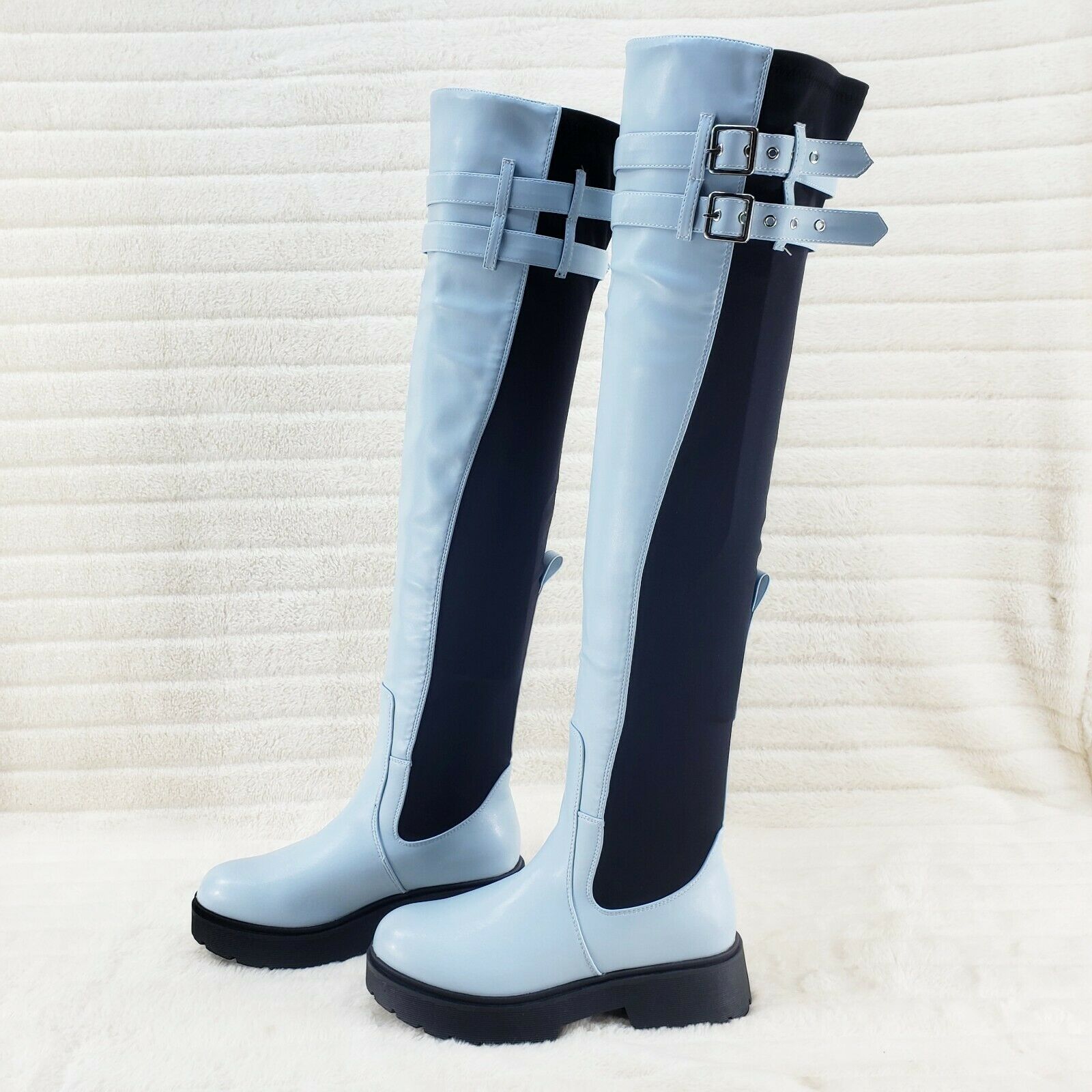 Techno Baby Blue Black Stretch Panel Lug Sole Thigh High Boots - Totally Wicked Footwear