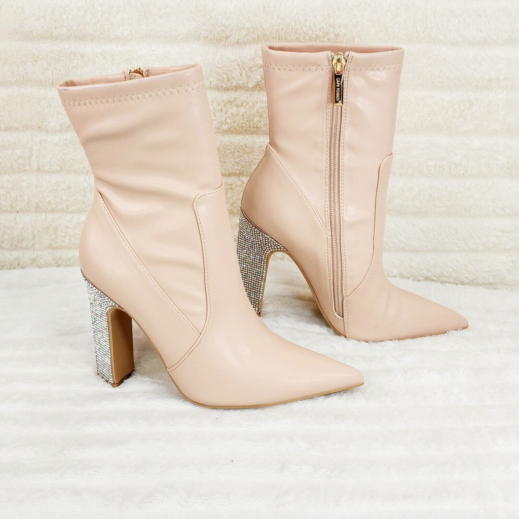 Regal Nude Stretch Leatherette Rhinestone Heel Ankle Boots - Totally Wicked Footwear