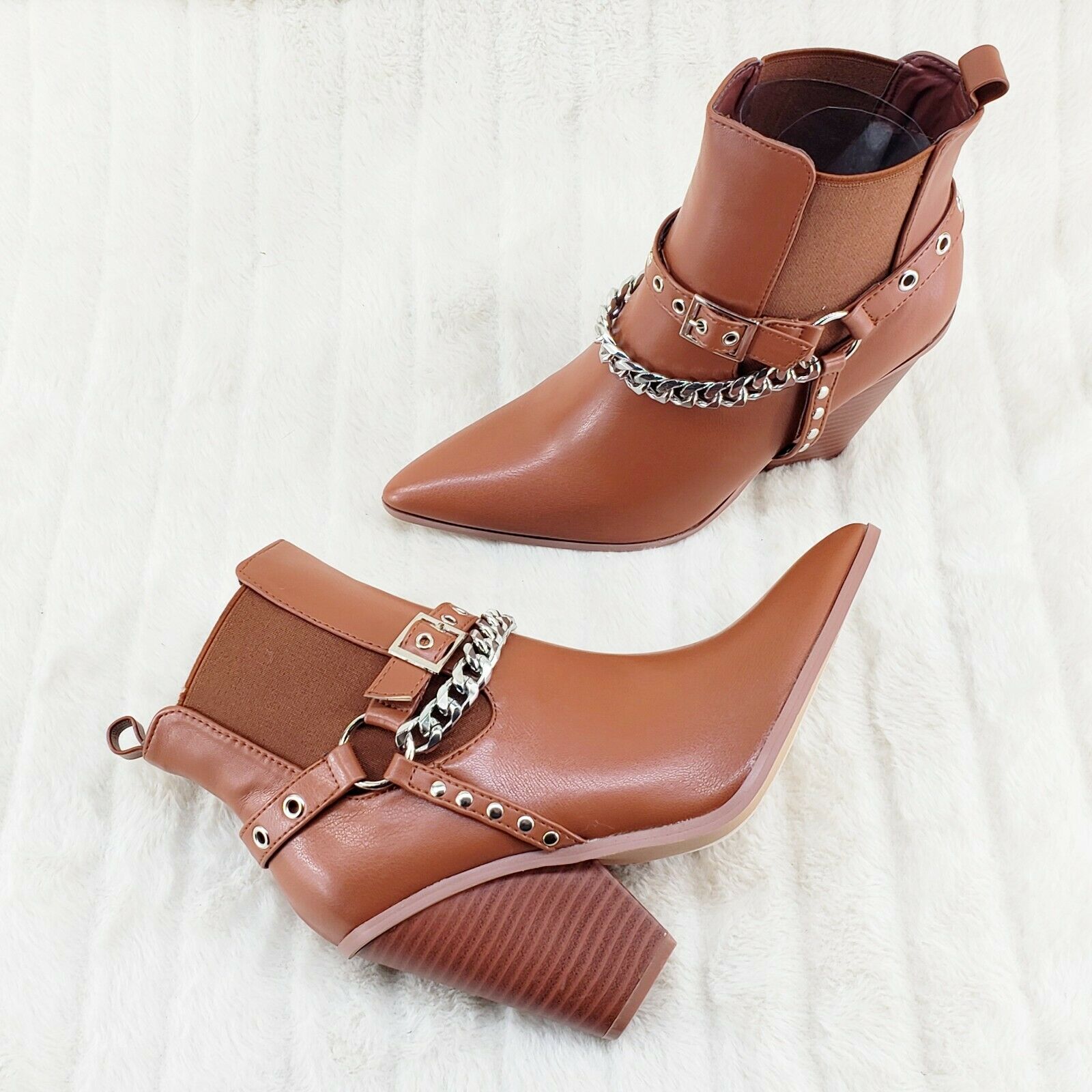 Dimitri Western Chain Strap Cowboy / Cowgirl Pull Ankle Boots Tan 6-11 - Totally Wicked Footwear