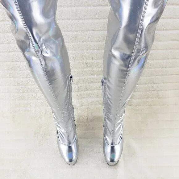 ADORE 3000 Silver Hologram Patent Over The Knee Platform Thigh Boot 7" Heel 5 -14 - Totally Wicked Footwear