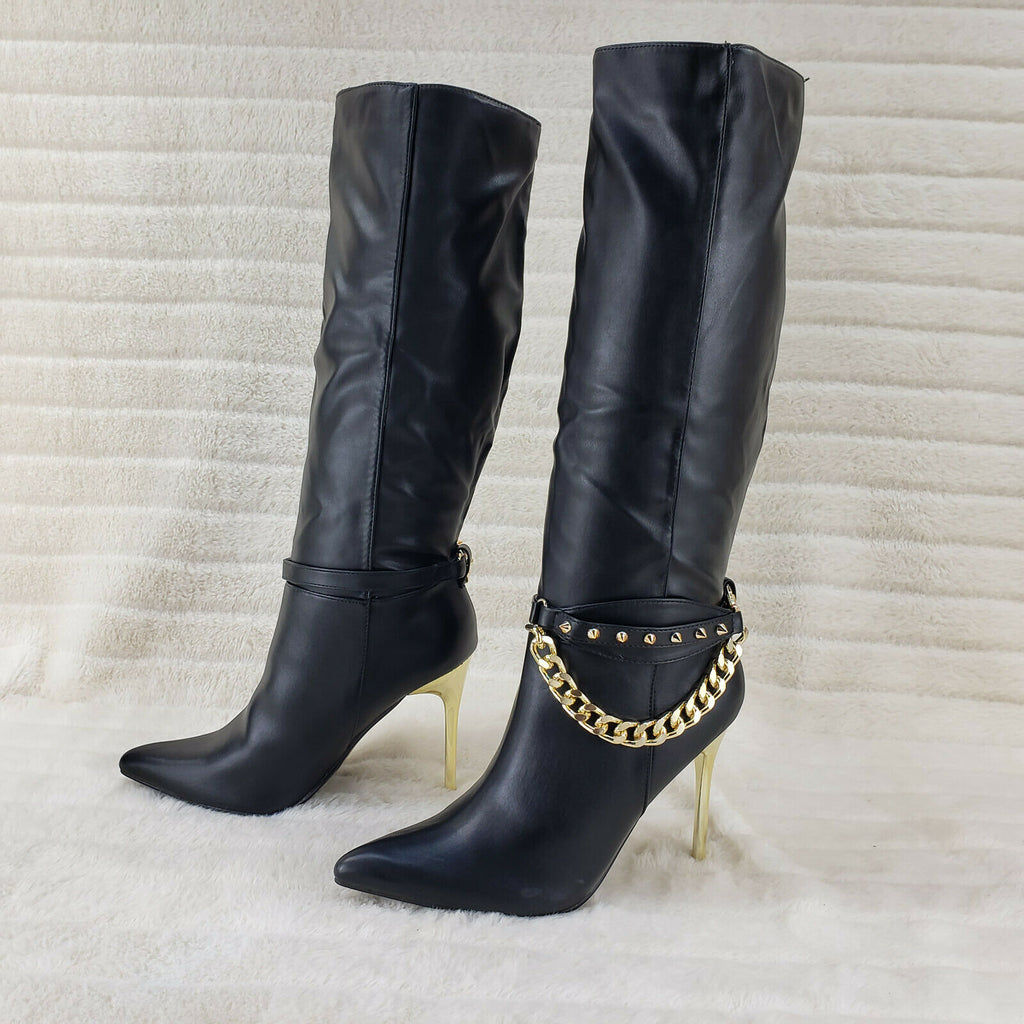 Eva Soft Black Leatherette Gold Tone High Heel & Chain Knee Boots - Totally Wicked Footwear