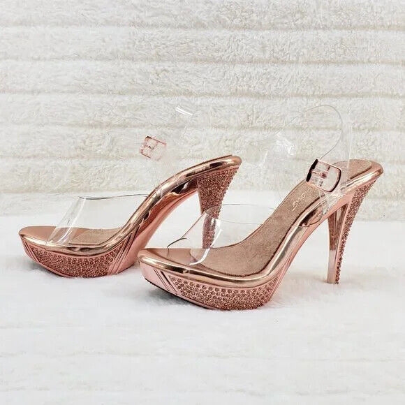 Elegant Rose Gold Metallic Platform Rhinestone High Heel Sandals Shoes - Totally Wicked Footwear