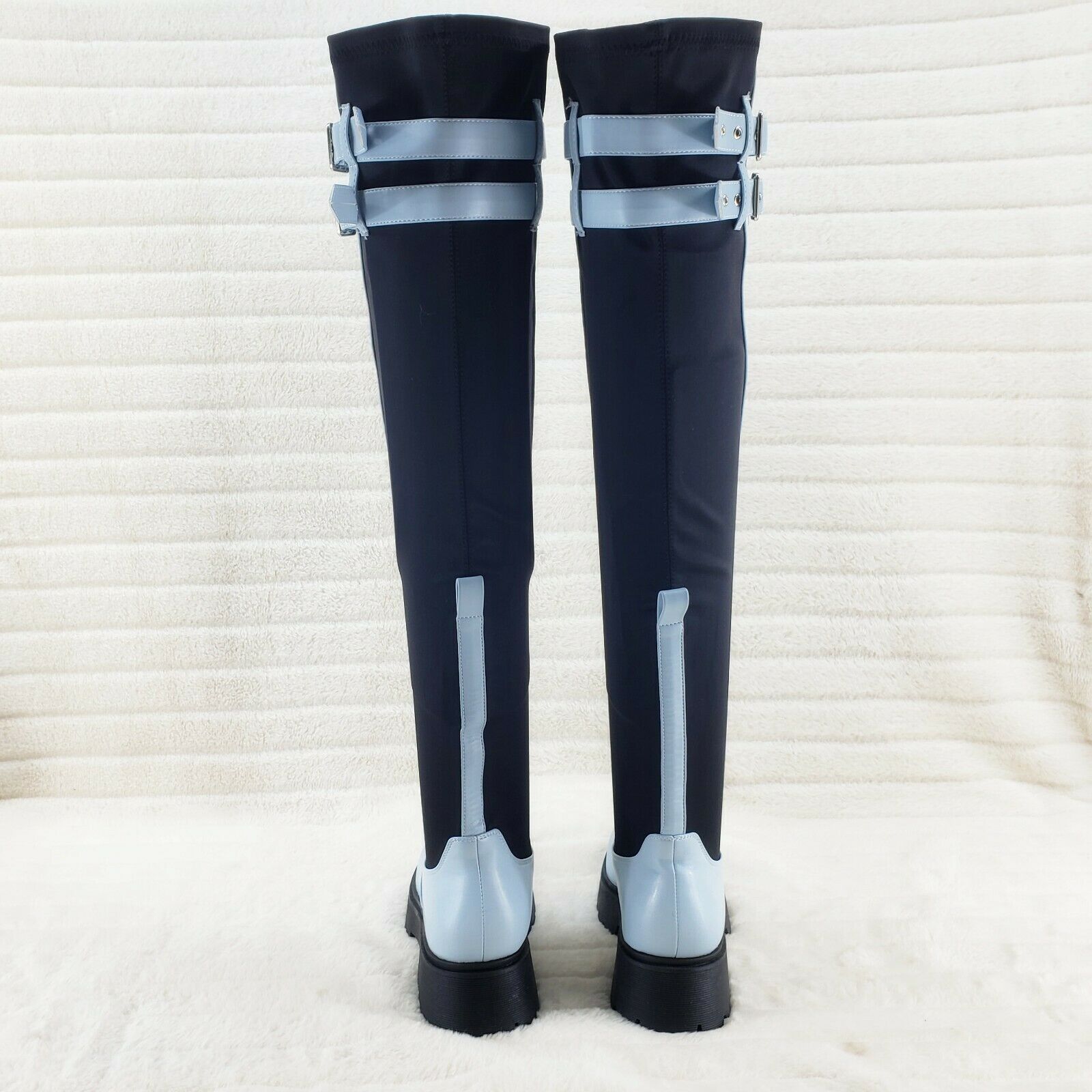 Techno Baby Blue Black Stretch Panel Lug Sole Thigh High Boots - Totally Wicked Footwear
