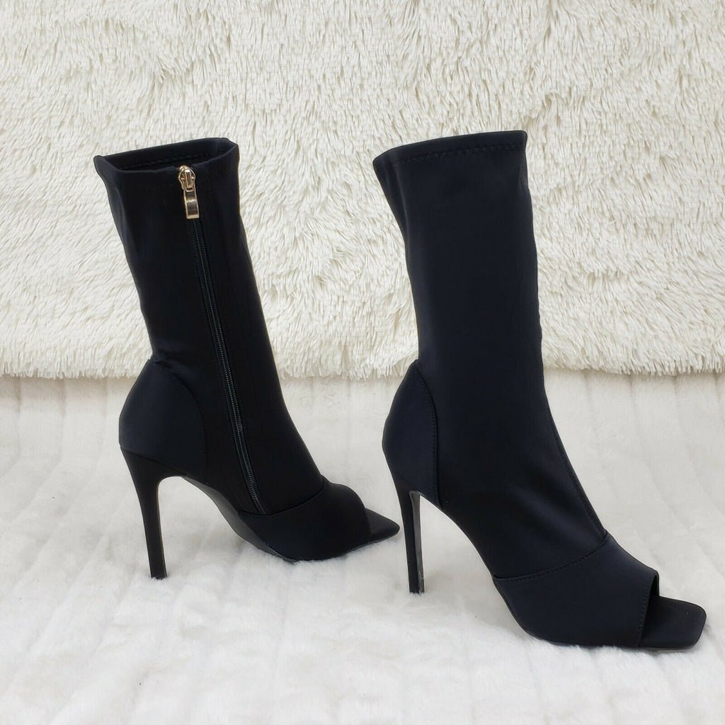 Victoria Black Stretch Square Open Toe High Heel Ankle Boots - Totally Wicked Footwear