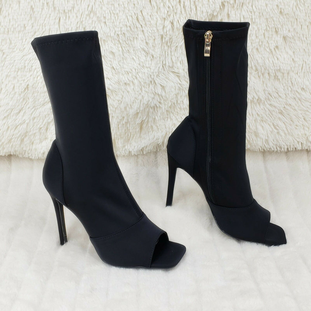 Victoria Black Stretch Square Open Toe High Heel Ankle Boots - Totally Wicked Footwear