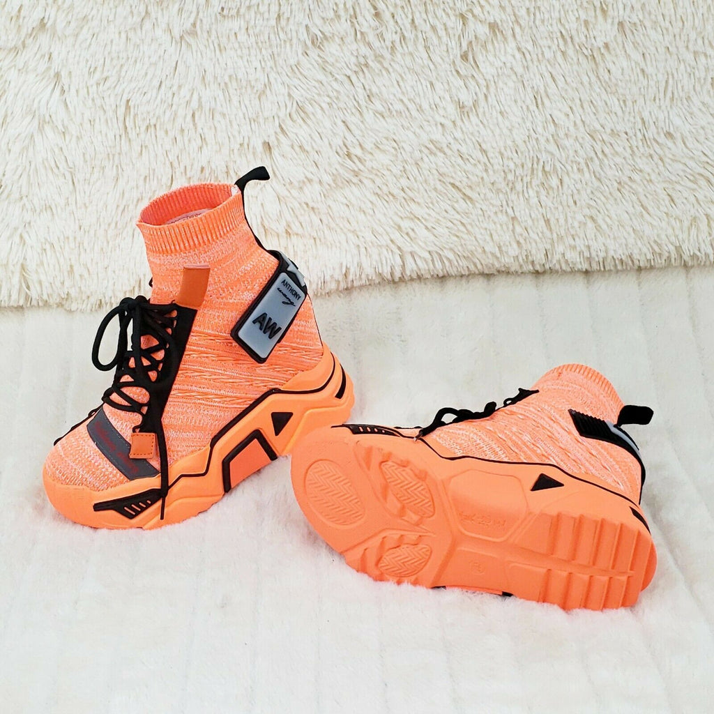 Wang Damson Pull On Knit Platform Sneaker Boots 4" Hidden Wedge Orange Knit - Totally Wicked Footwear
