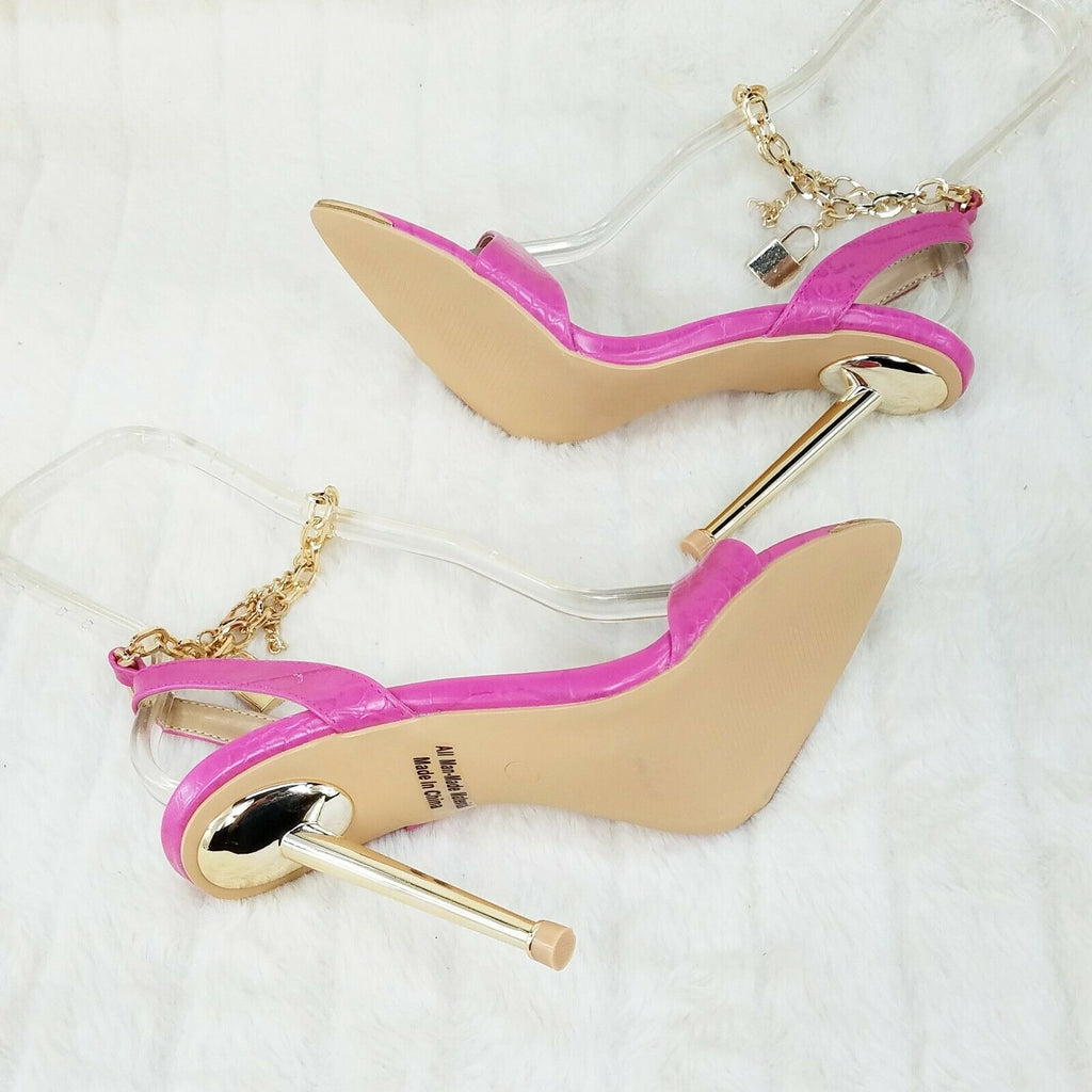 Nicely Pad Lock Chain Strap High Heels Metal Toe Tip Shoes Fuchsia Pink - Totally Wicked Footwear