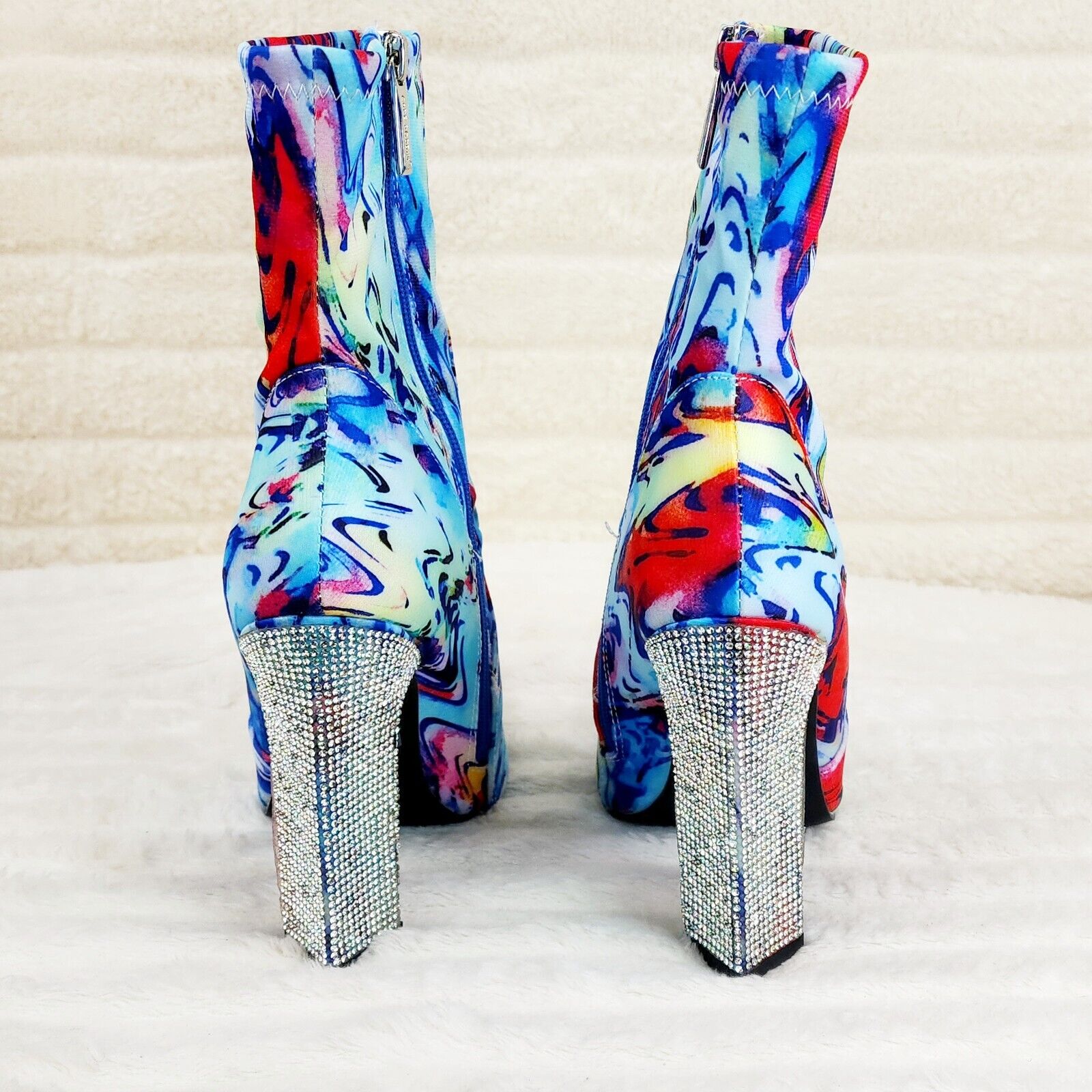 Regal Multi Color Print Stretch Upper Rhinestone Heel Ankle Boots - Totally Wicked Footwear