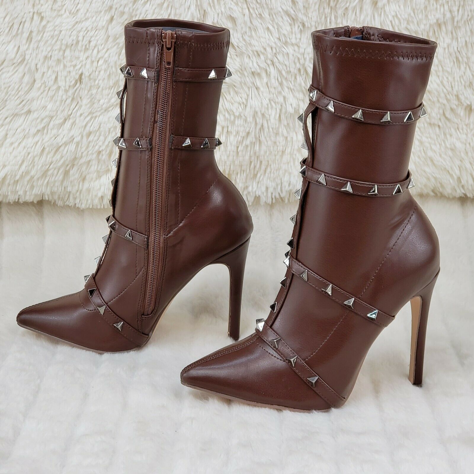 Mark Pyramid Stud Strap High Heel Pointy Toe Stretch Ankle Boots Mocha Brown - Totally Wicked Footwear