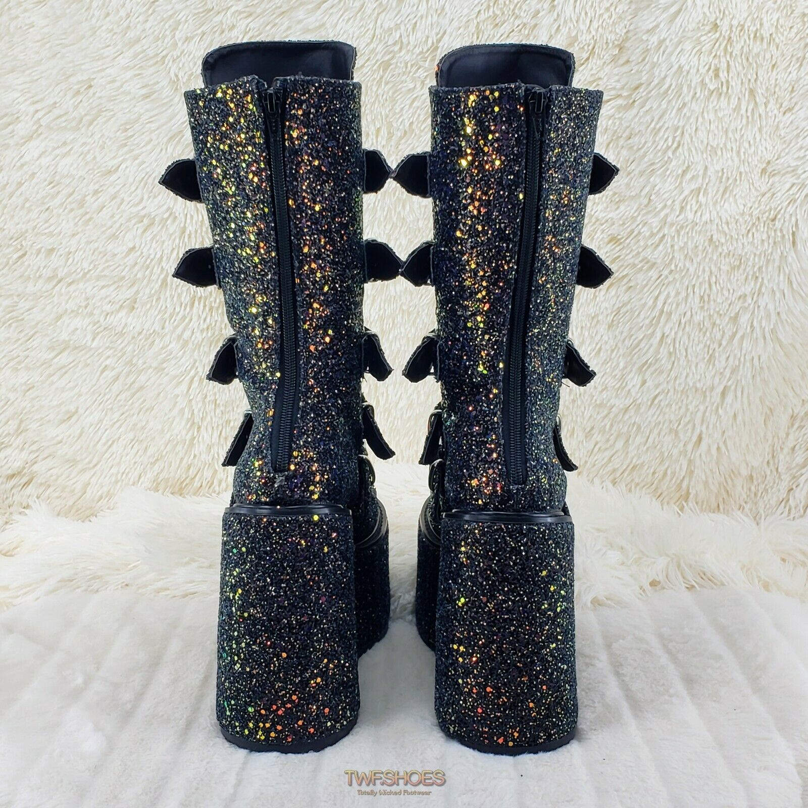 Swing 230G Black Glitter Platform Boots Heart Strap Goth Punk 6-12 Restocked NY - Totally Wicked Footwear