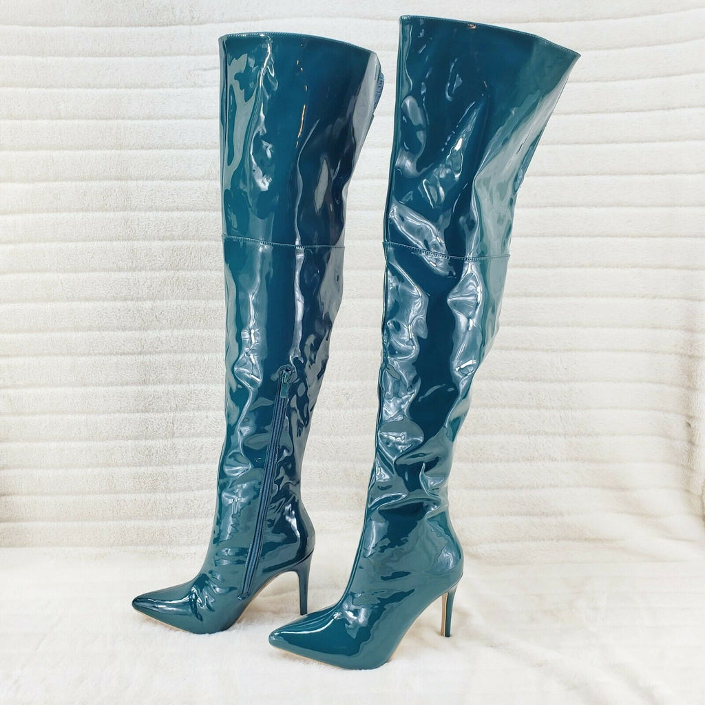 Bad Girlz Teal Green Patent Wide Top Thigh High Boots 4" Heels - Totally Wicked Footwear