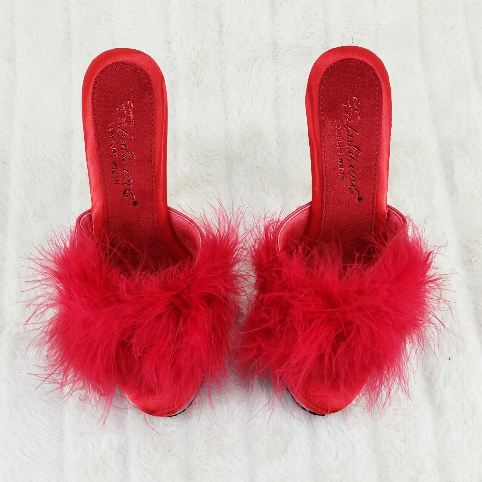 Majesty 501 Marabou Feather Slip On Platform Sandals 6" Stiletto Heel Shoes Red - Totally Wicked Footwear