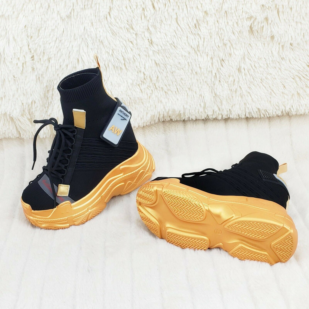 Wang Damson Pull On Knit Sock Platform Sneakers Hidden Wedge Black/Gold Kicks - Totally Wicked Footwear
