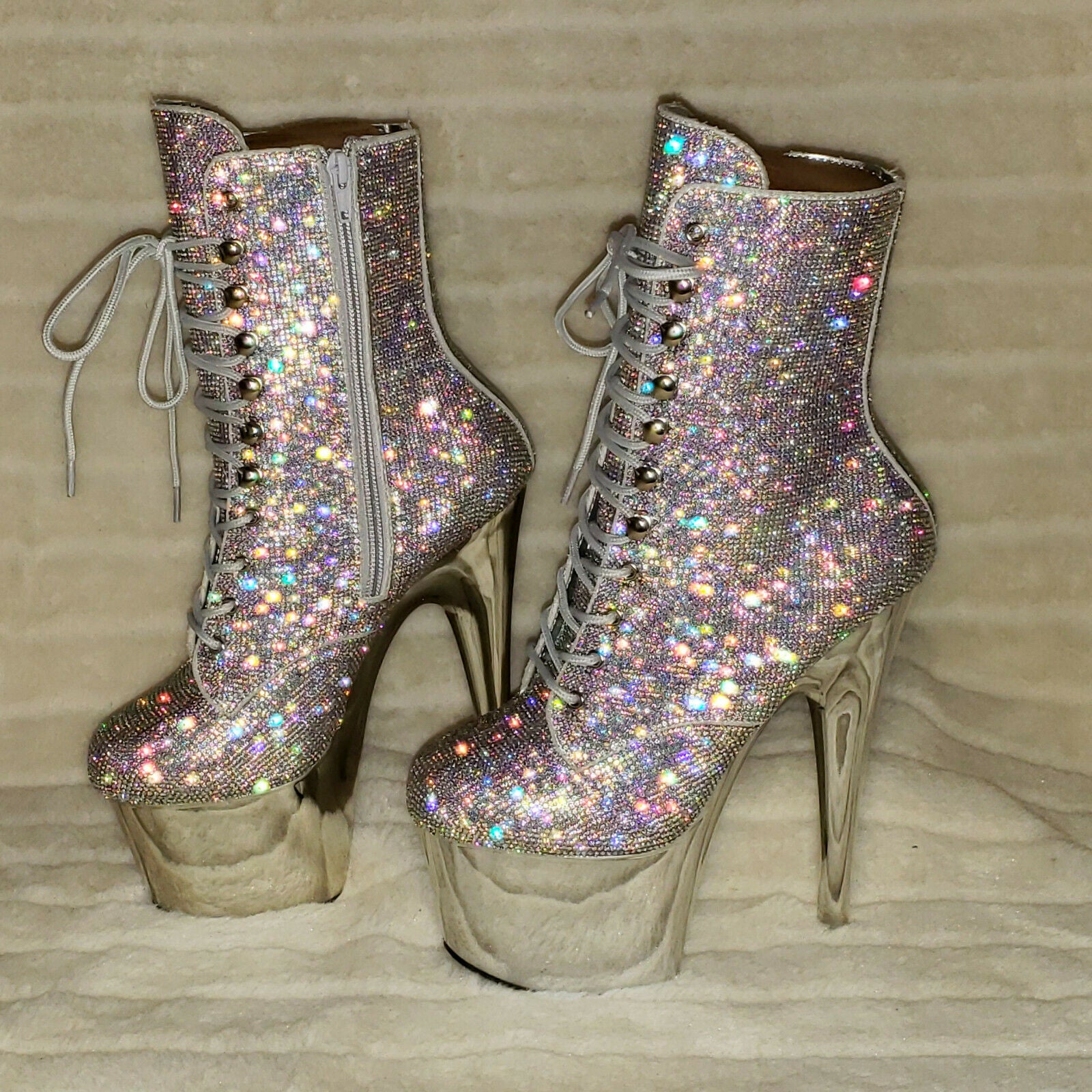 Adore 1020CHRS Silver Bejeweled Rhinestone 7" High Heel Platform Ankle Boots NY - Totally Wicked Footwear