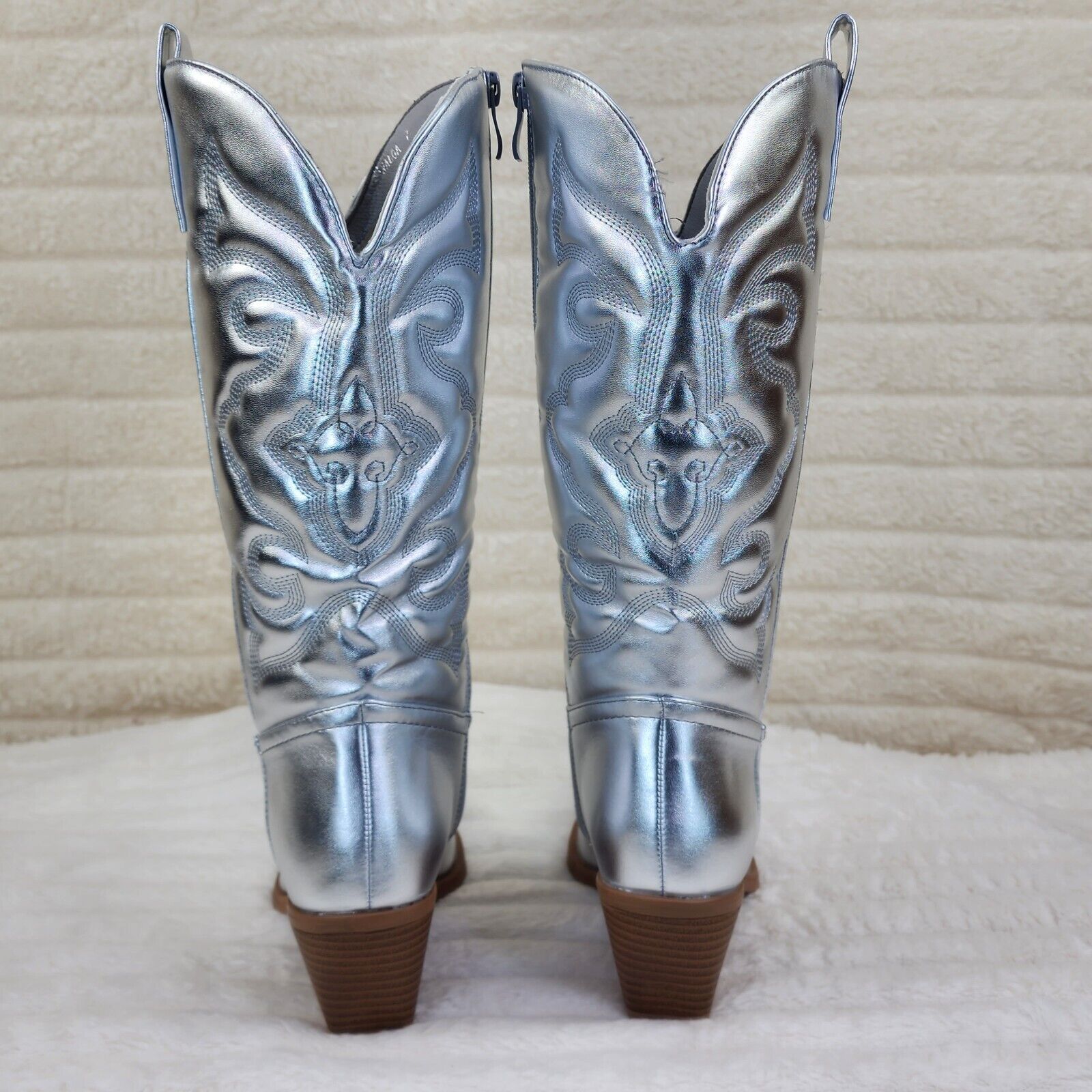 Disco Cowgirl Metallic Silver Cowboy Knee Boots Western Block Heels US Sizes - Totally Wicked Footwear