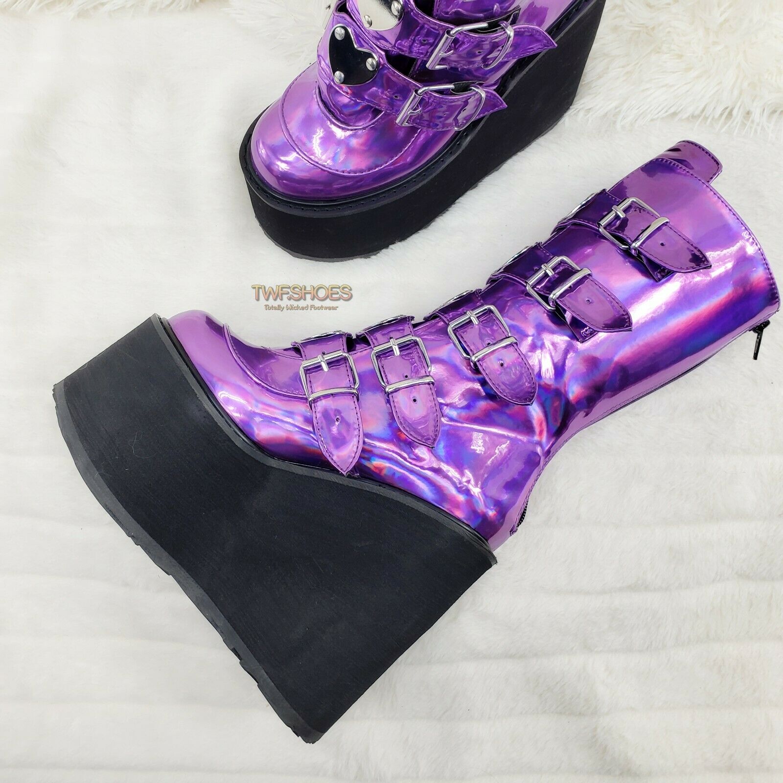 Swing 230 Purple Hologram Calf Boot 5.5" Platform Heart Strap Design US Sizes NY - Totally Wicked Footwear