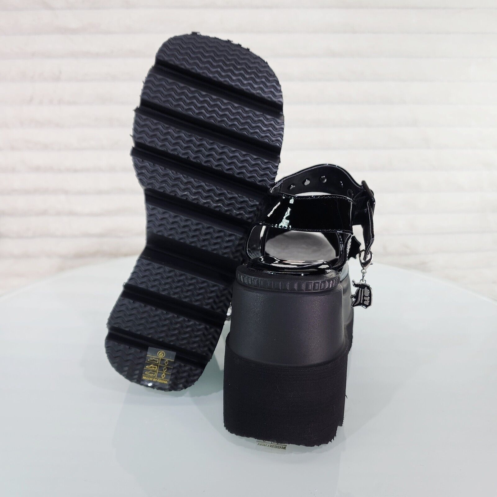 Shaker 13 Black Out Patent 4.5" Wedge Heel Gothic Sandals Studs And Charms NY - Totally Wicked Footwear