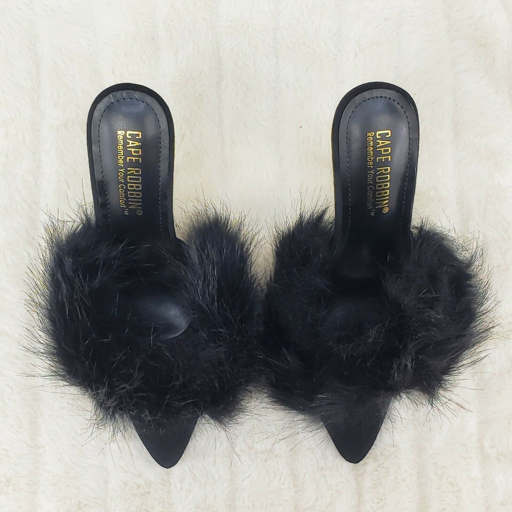 Fuji Furry Pointy Toe Slip On 4.5" Gold Tone Slim Heels Black - Totally Wicked Footwear
