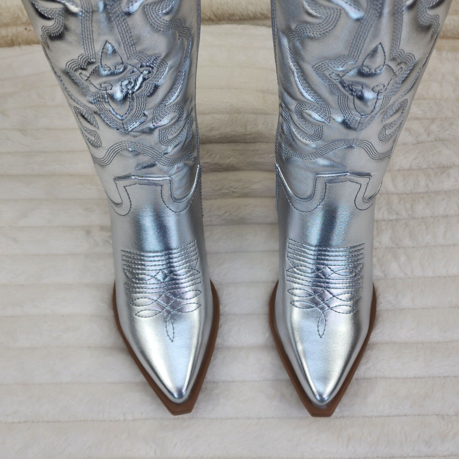 Disco Cowgirl Metallic Silver Cowboy Knee Boots Western Block Heels US Sizes - Totally Wicked Footwear