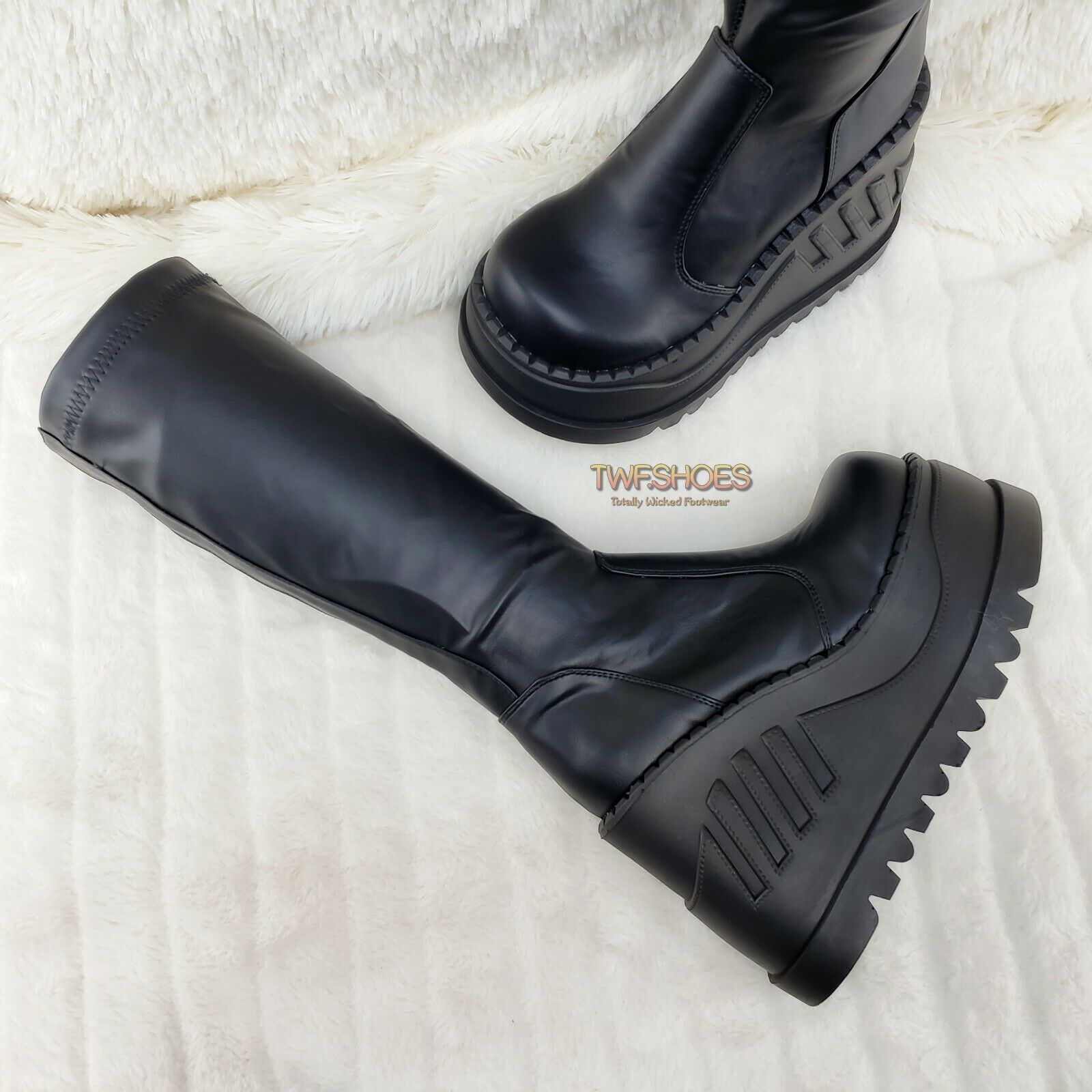 Demonia Stomp 200 Black Matte Platform Wedge Heel Knee Boots NY - Totally Wicked Footwear