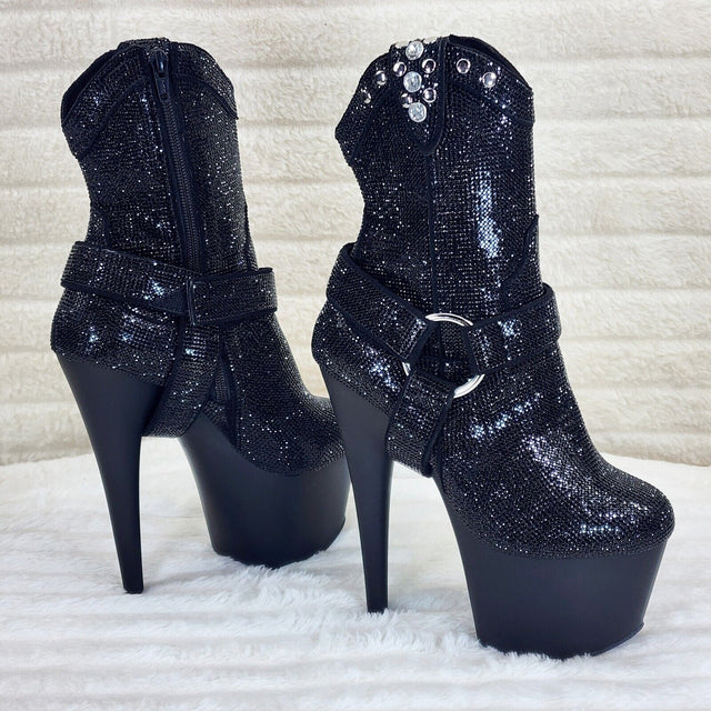 Adore 1029 Bejeweled Black Rhinestone 7" Heel Platform Cowgirl Ankle Boots - Totally Wicked Footwear