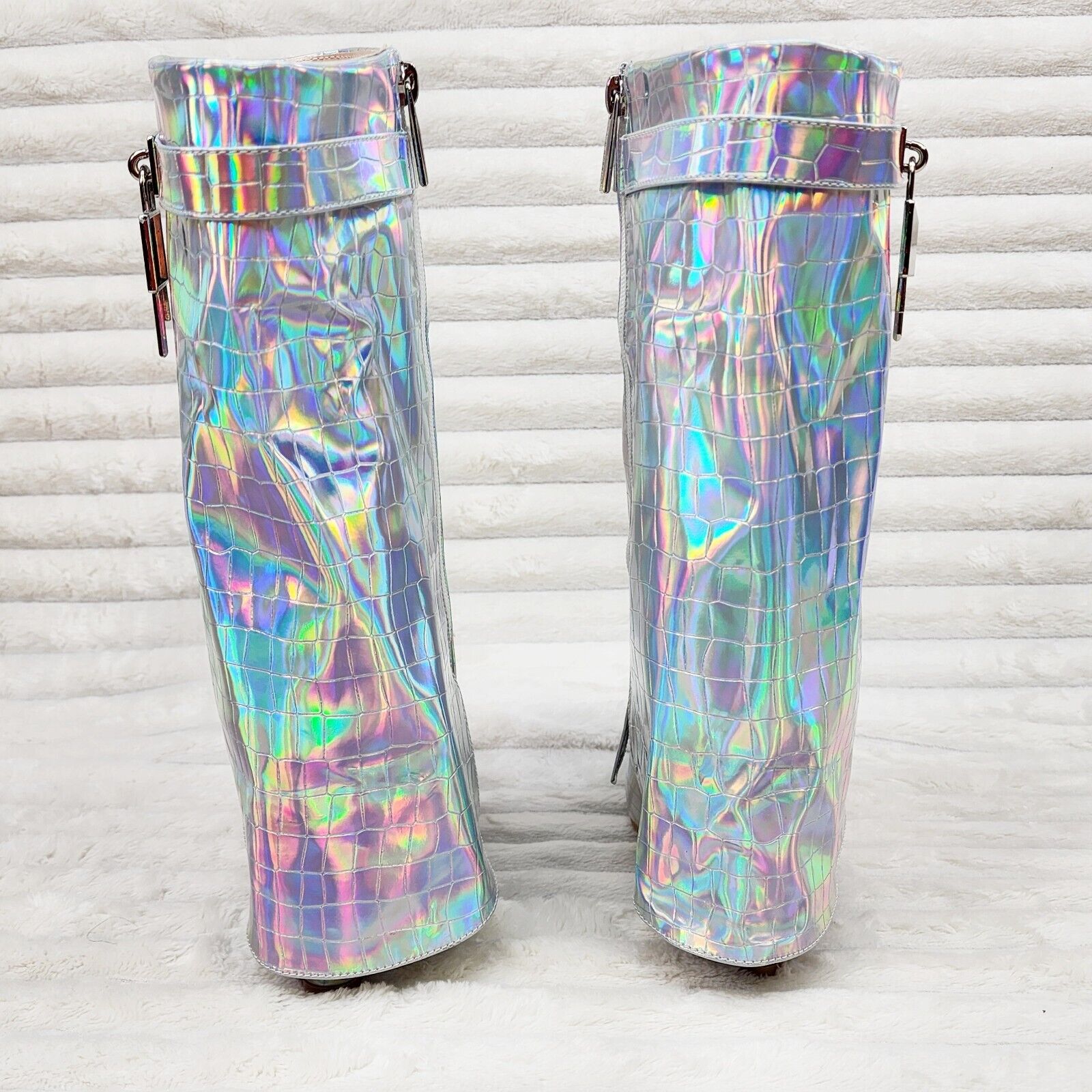 Vision Royal Silver Hologram Wedge Heel Fold Over Skirted Ankle Boots - Totally Wicked Footwear
