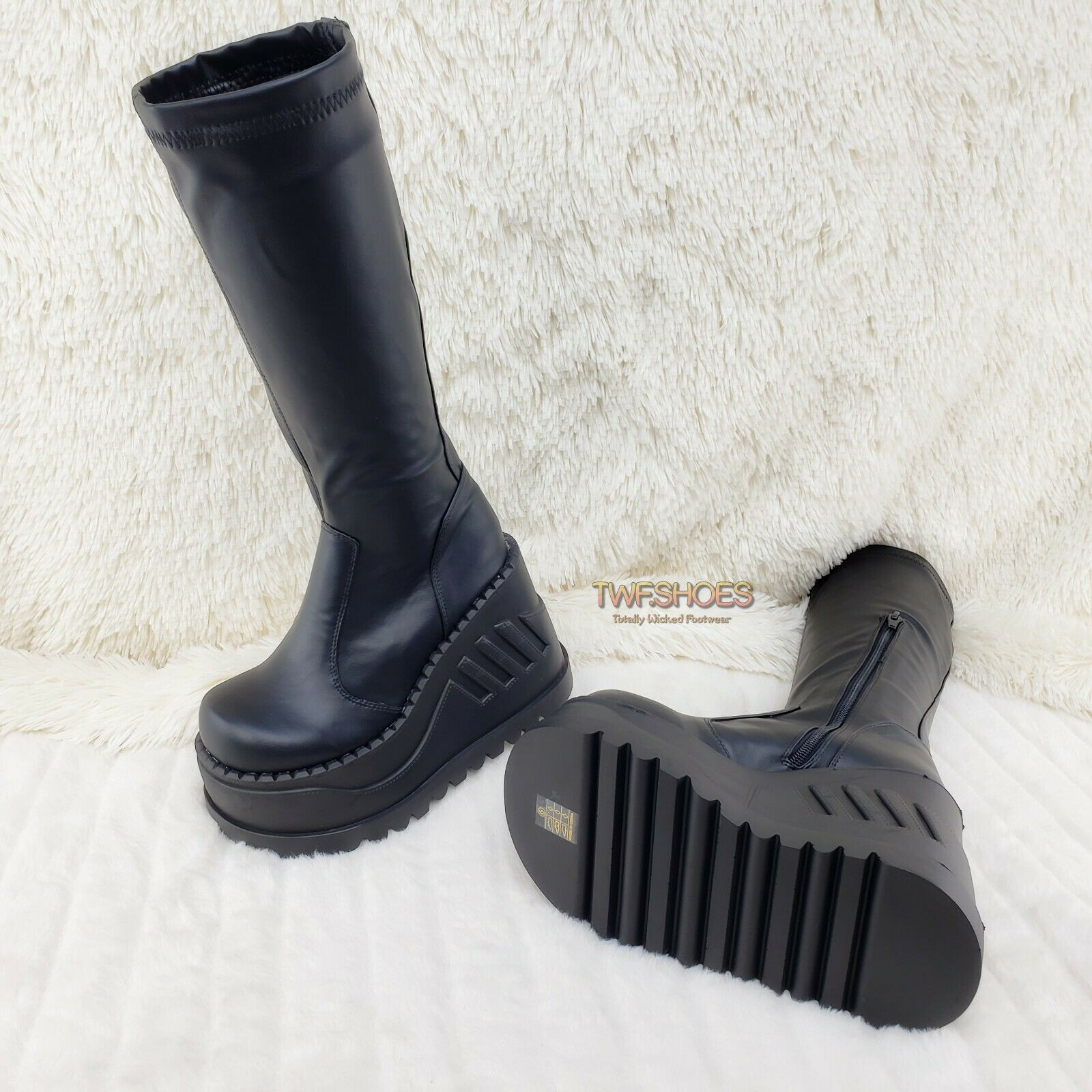 Demonia Stomp 200 Black Matte Platform Wedge Heel Knee Boots NY - Totally Wicked Footwear
