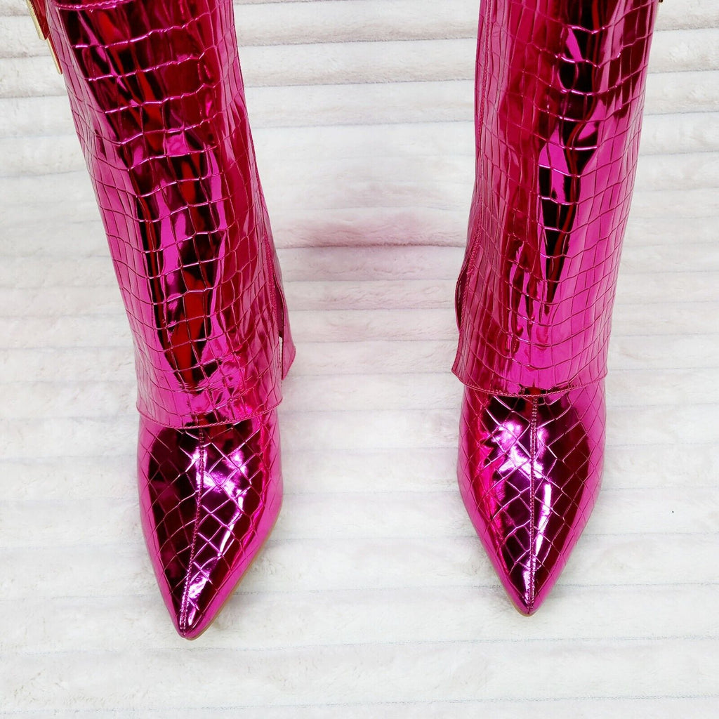 Vision Hot Pink Metallic Wedge Heel Fold Over Skirted Ankle Boots - Totally Wicked Footwear