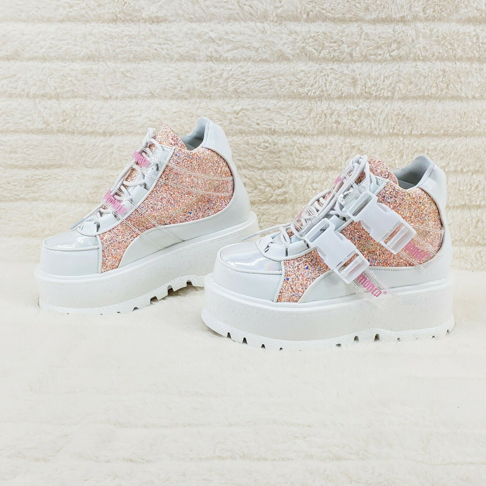 Slacker 50 White Pink Glitter Platform Sneaker Ankle Boots - Totally Wicked Footwear