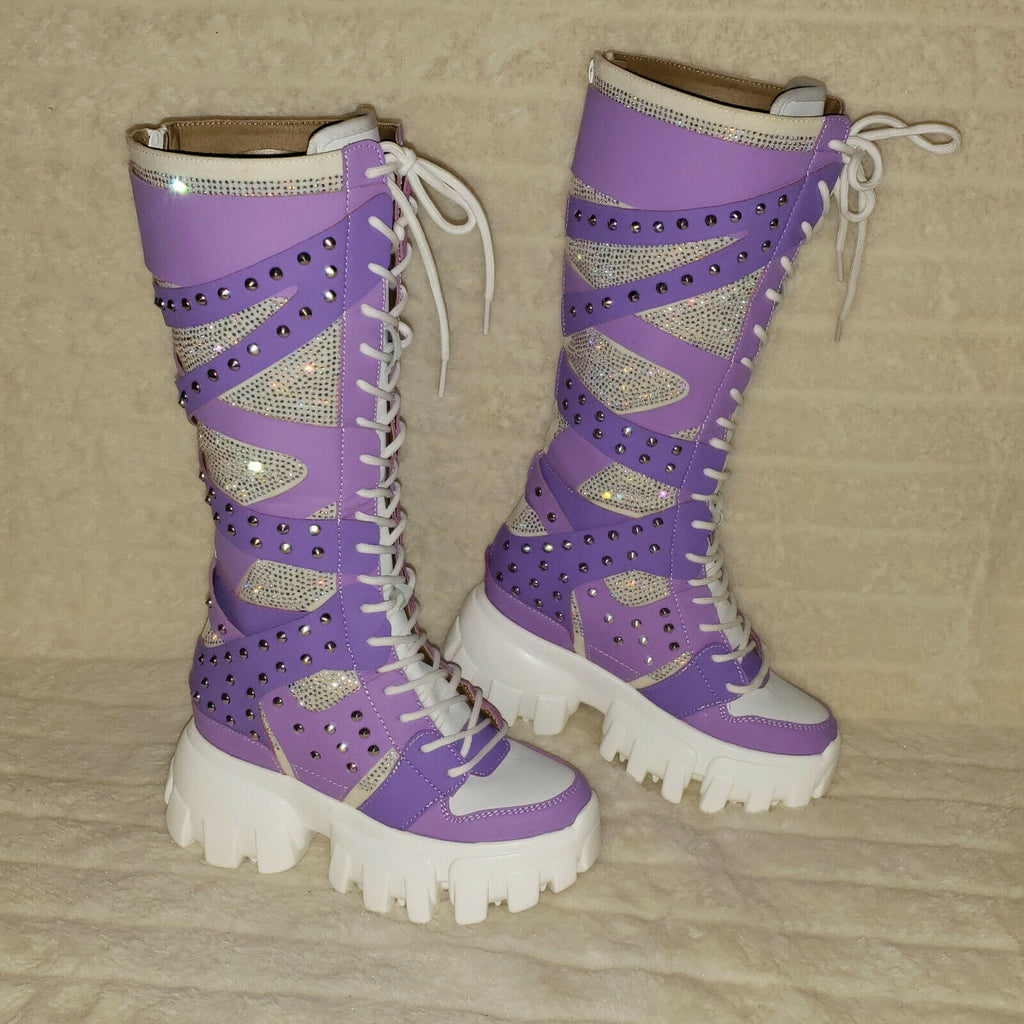 Wang Limited Lilac Purple White Platform Sneaker Knee Boots Hidden Wedge Heels - Totally Wicked Footwear