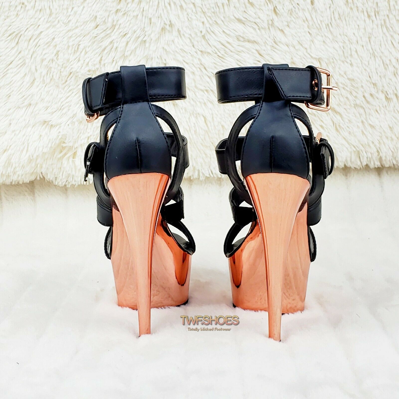 Delight 658 Black Rose Gold Cage Strap 6" High Heel Shoe Bull Ring US Sizes NY - Totally Wicked Footwear