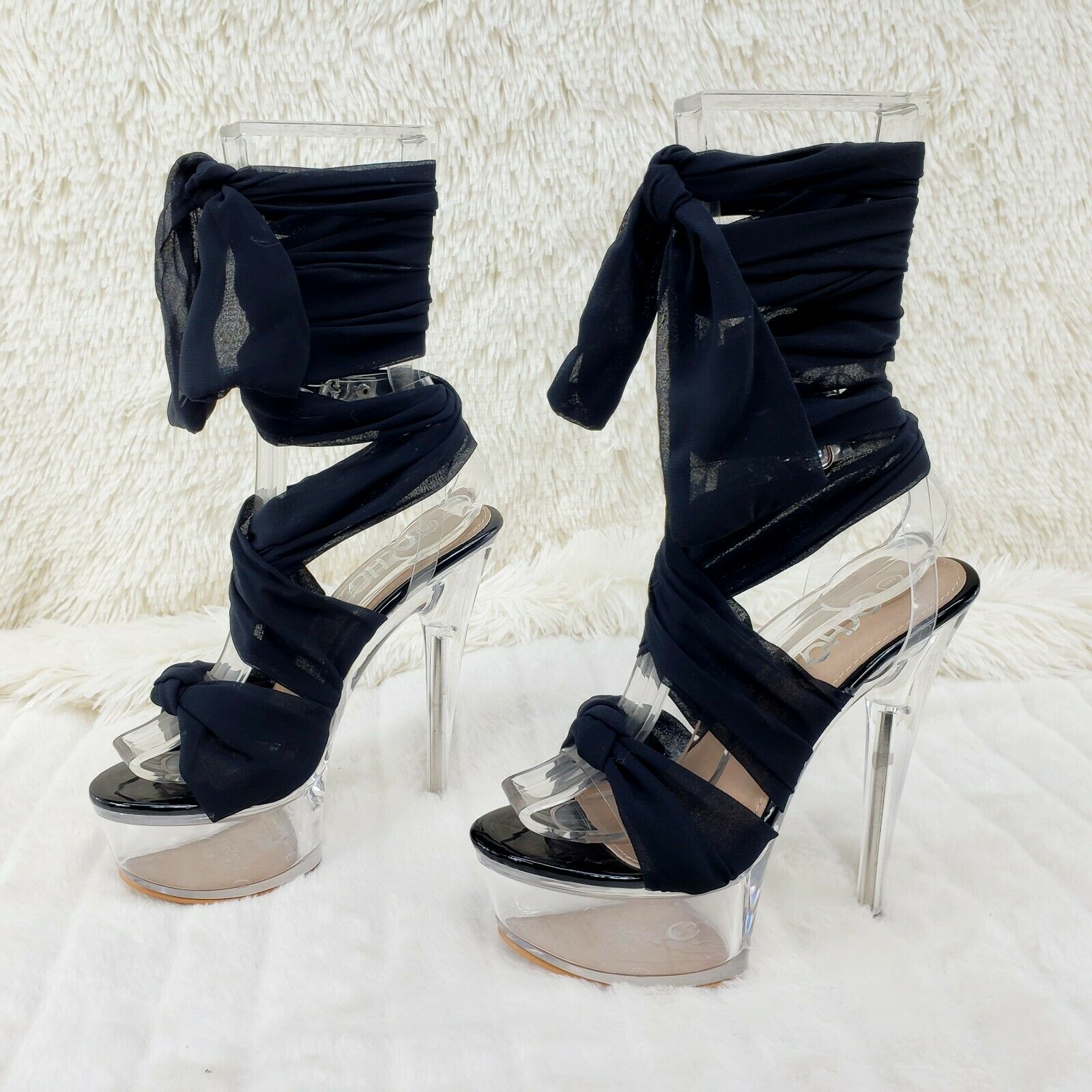 Black Scarf Wrap Clear Platform Shoes Sandals 6