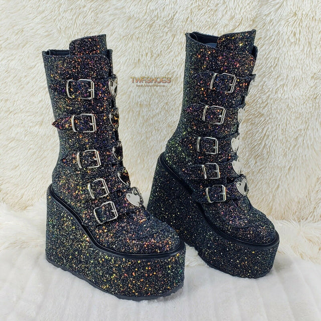 Swing 230G Black Glitter Platform Boots Heart Strap Goth Punk 6-12 Restocked NY - Totally Wicked Footwear