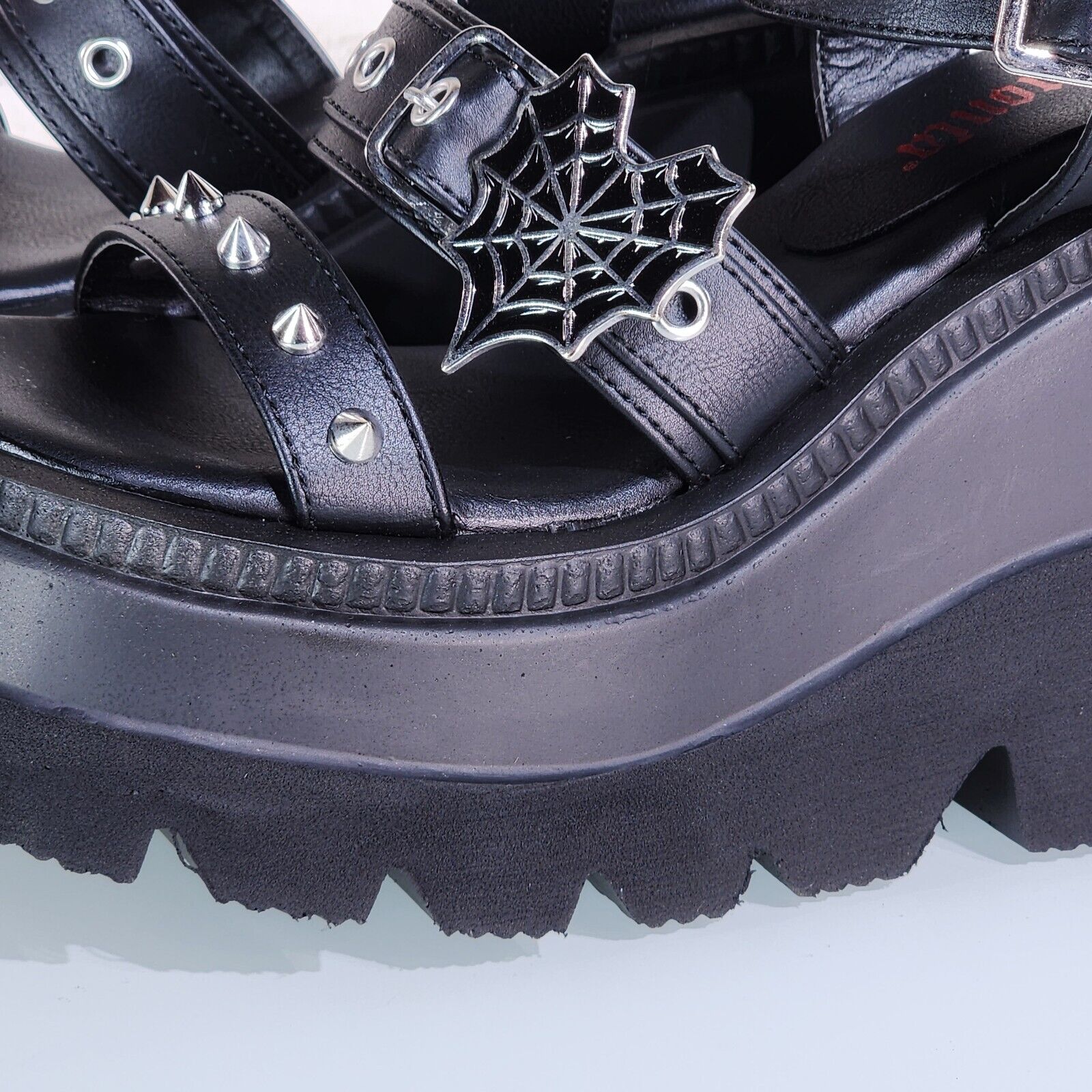 Shaker 13 Black Out Patent 4.5" Wedge Heel Gothic Sandals Studs And Charms NY - Totally Wicked Footwear
