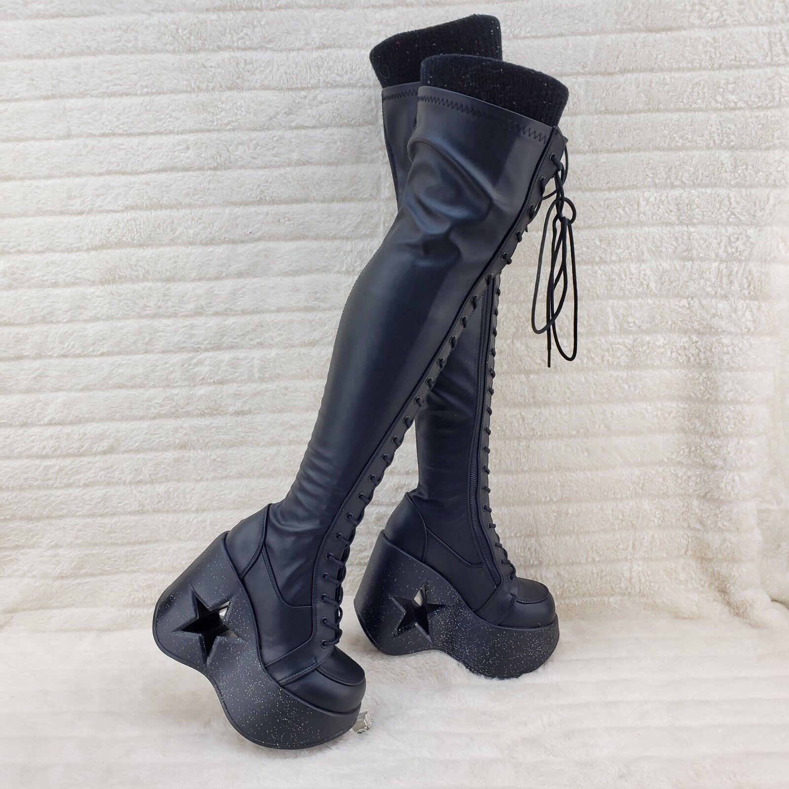Dynamite 300 Platform 5" Star Heel Stretch Goth Punk Thigh Boots Black Matte NY - Totally Wicked Footwear