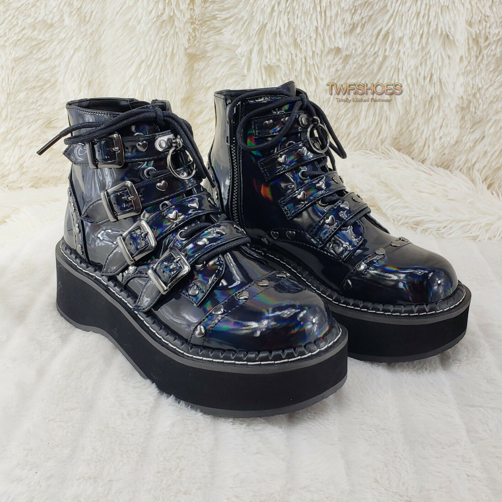 Demonia Emily 315 Black Holo Patent Heart Stud 2" Platform Ankle Boot Shoes NY - Totally Wicked Footwear