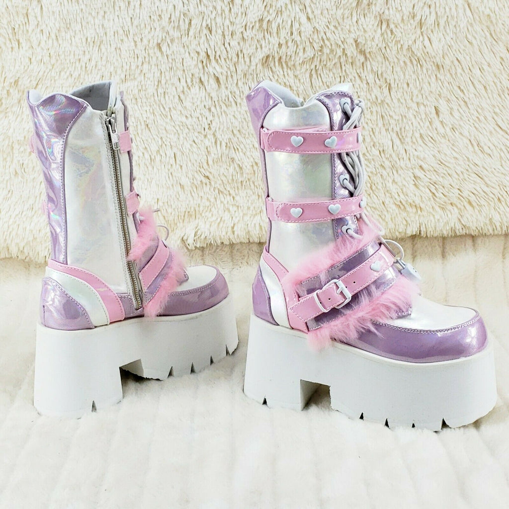 Ashes 120 Pink Faux Fur Trim 3.5" Platform Heel Cosplay Punk Festival Boots NY - Totally Wicked Footwear