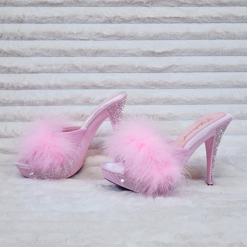 Elegance Marabou Feather Slip On Platform Sandals 5" Stiletto Heel Shoes Pink - Totally Wicked Footwear