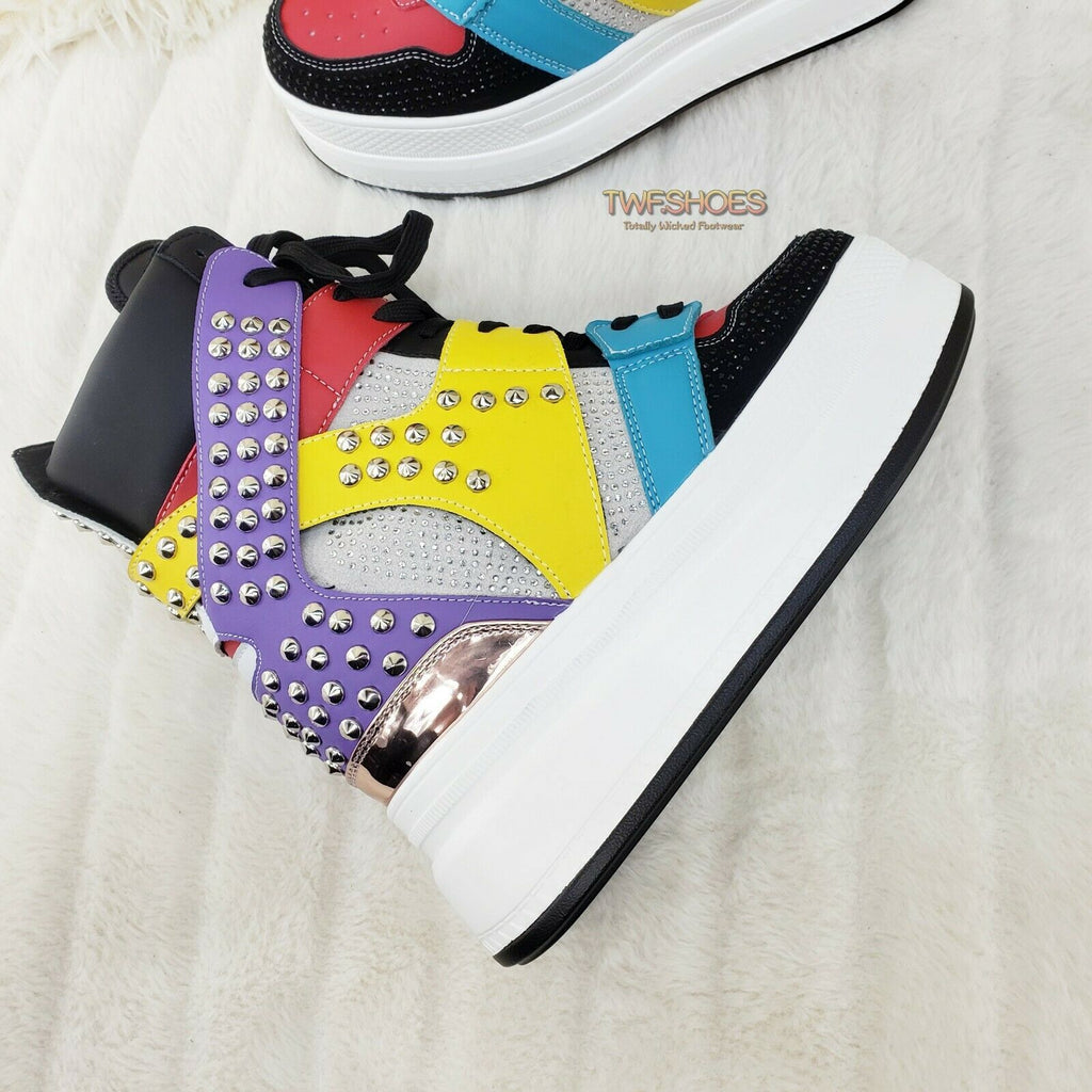 Wang Color Block & Studs Platform Sneaker Hidden Wedge Fashion Street Kicks - Totally Wicked Footwear