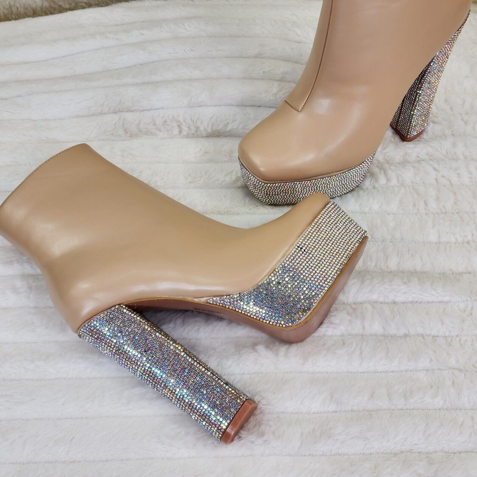 Nikki Cream Leatherette Rhinestone Platform Chunky Heel Ankle Boots - Totally Wicked Footwear