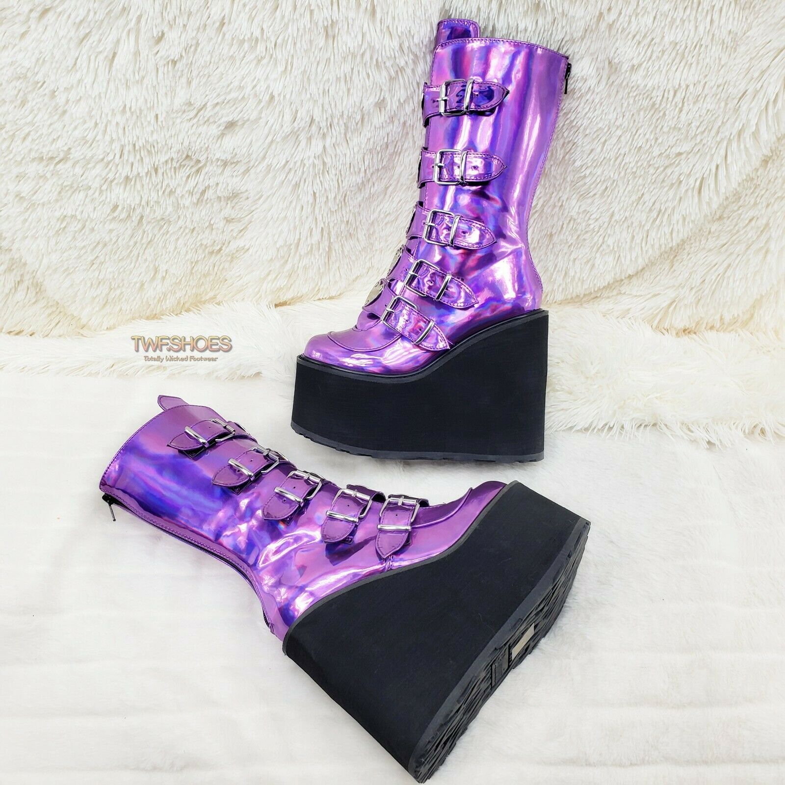 Swing 230 Purple Hologram Calf Boot 5.5" Platform Heart Strap Design US Sizes NY - Totally Wicked Footwear